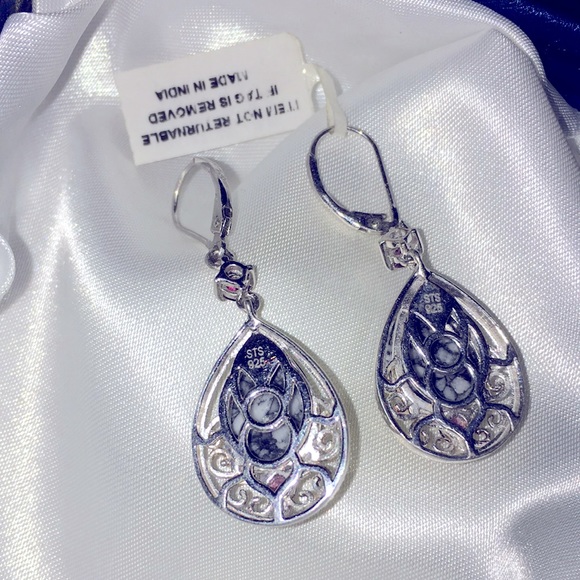 925 silver marked teardrop black agate amethyst hinged back pierced earrings new - Picture 3 of 17